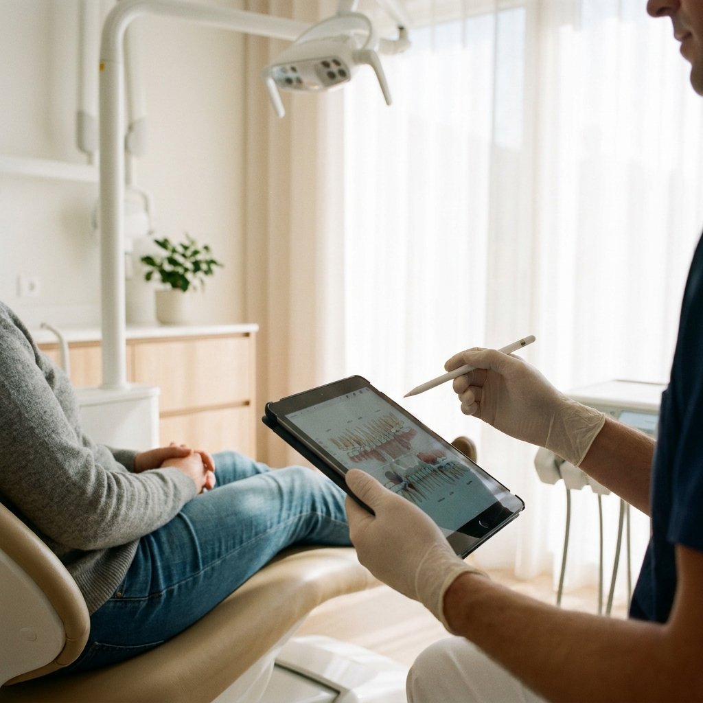 Dentista mostrando informações em um tablet para um paciente